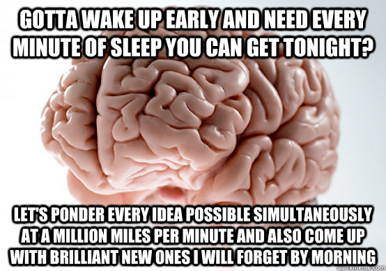 gotta wake up early and need every minute of sleep you can get tonight? let's ponder every idea possible simultaneously at a million miles per minute and also come up with brilliant new ones i will forget by morning  Scumbag brain on life