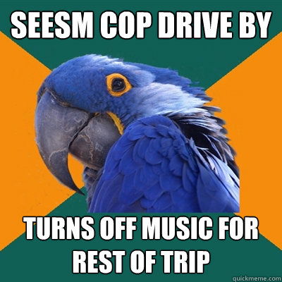 Seesm cop drive by Turns off music for rest of trip  Paranoid Parrot
