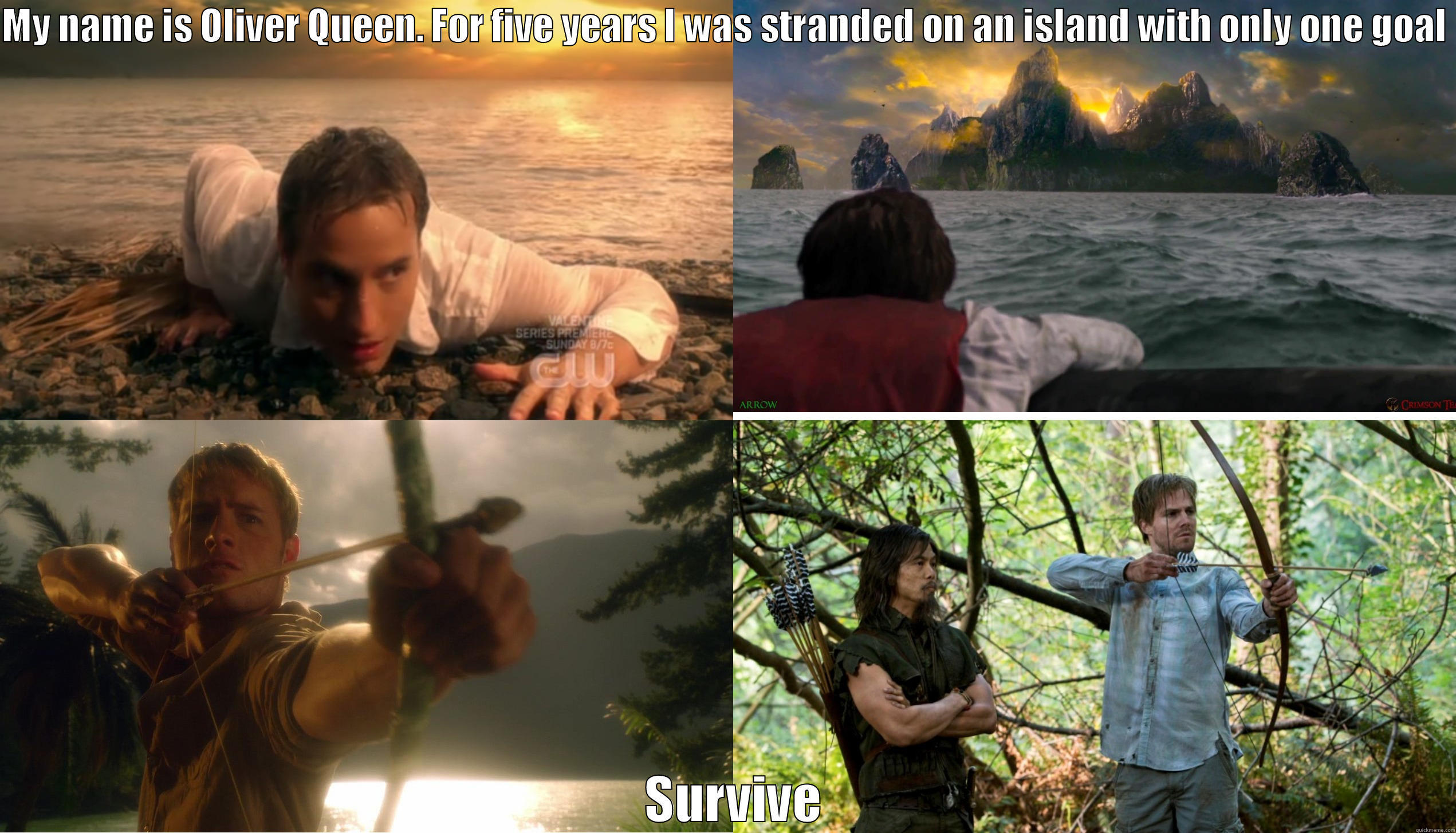 Arrow Memes - MY NAME IS OLIVER QUEEN. FOR FIVE YEARS I WAS STRANDED ON AN ISLAND WITH ONLY ONE GOAL    SURVIVE Misc