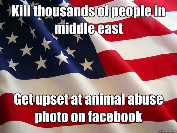 Kill thousands of people in middle east  Get upset at animal abuse photo on facebook    