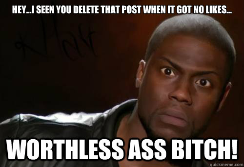 HEY...I seen you delete that post when it got no likes... worthless ass bitch! - HEY...I seen you delete that post when it got no likes... worthless ass bitch!  Kevin Hart