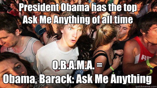 President Obama has the top
Ask Me Anything of all time
 O.B.A.M.A. = 
Obama, Barack: Ask Me Anything  Sudden Clarity Clarence