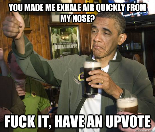 You made me exhale air quickly from my nose? fuck it, Have an upvote  Approving Obama
