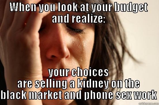 WHEN YOU LOOK AT YOUR BUDGET AND REALIZE: YOUR CHOICES ARE SELLING A KIDNEY ON THE BLACK MARKET AND PHONE SEX WORK First World Problems