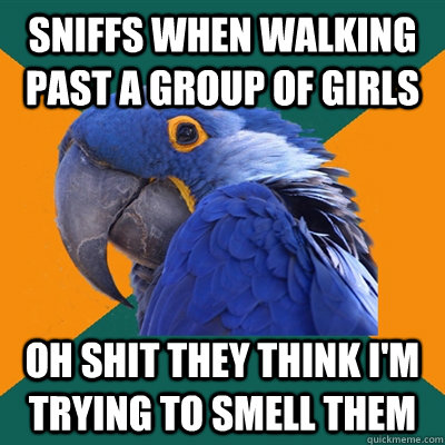 sniffs when walking past a group of girls oh shit they think i'm trying to smell them  Paranoid Parrot
