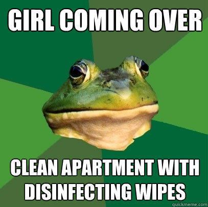 Girl coming over clean apartment with disinfecting wipes  