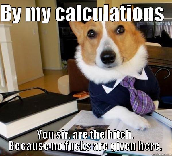 BY MY CALCULATIONS   YOU SIR, ARE THE BITCH. BECAUSE NO FUCKS ARE GIVEN HERE. Lawyer Dog