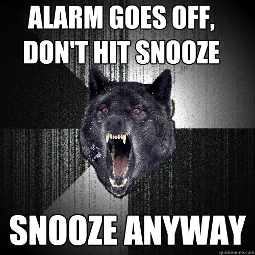 Alarm goes off, 
don't hit snooze snooze anyway  insanitywolf