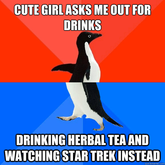 cute Girl asks me out for drinks drinking herbal tea and watching star trek instead  Socially Awesome Awkward Penguin