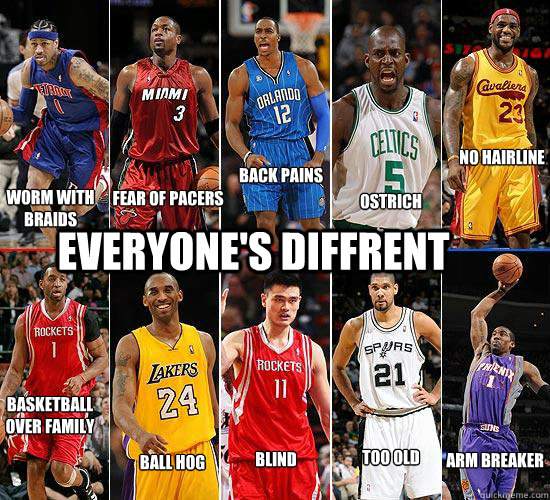 Everyone's Diffrent Worm with Braids Fear of Pacers Back Pains Ostrich No Hairline Basketball Over Family Ball Hog Blind Too Old Arm Breaker  nba players