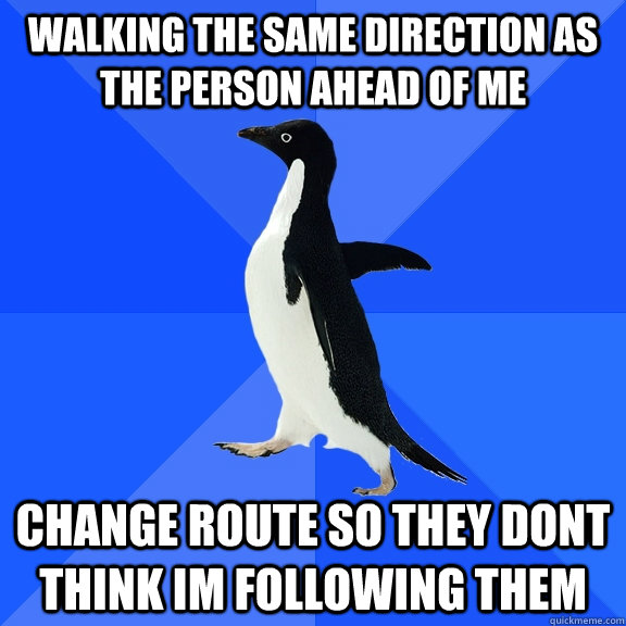 walking the same direction as the person ahead of me change route so they dont think im following them  Socially Awkward Penguin