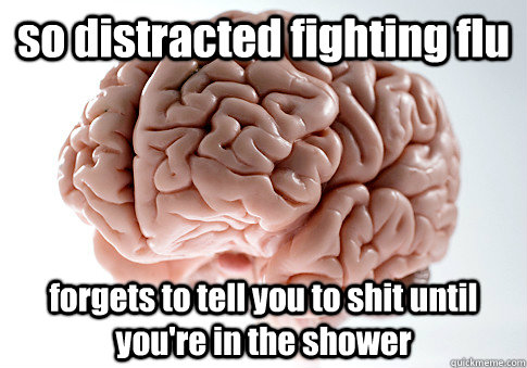 so distracted fighting flu forgets to tell you to shit until you're in the shower   Scumbag Brain