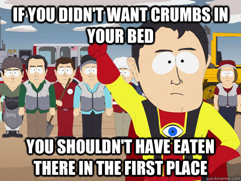 if you didn't want crumbs in your bed You shouldn't have eaten there in the first place  