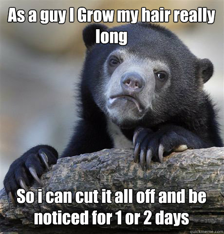 As a guy I Grow my hair really long So i can cut it all off and be noticed for 1 or 2 days  Confession Bear