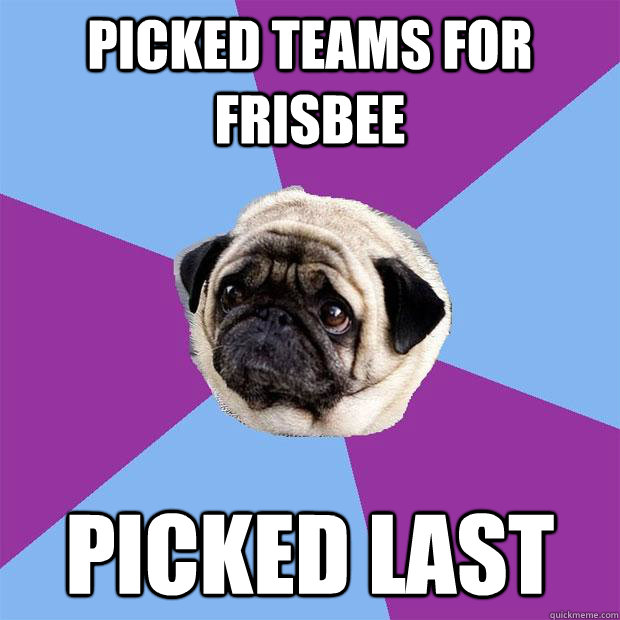 Picked teams for frisbee Picked last  Lonely Pug