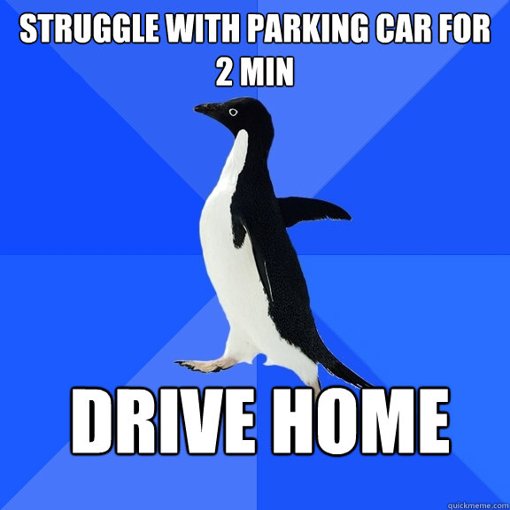 Struggle with parking car for 2 min  Drive home   Socially Awkward Penguin