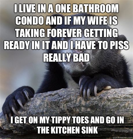 i live in a one bathroom condo and if my wife is taking forever getting ready in it and i have to piss really bad i get on my tippy toes and go in the kitchen sink  Confession Bear