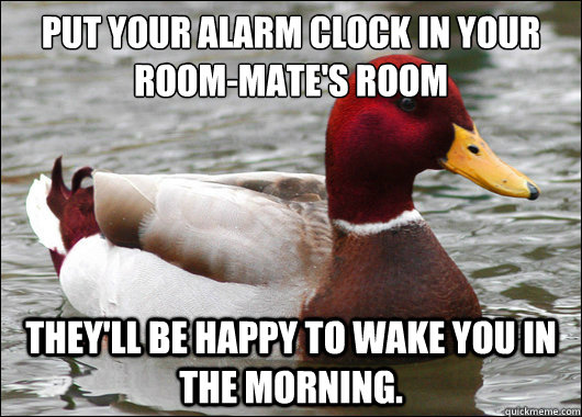 Put your alarm clock in your room-mate's room They'll be happy to wake you in the morning. - Put your alarm clock in your room-mate's room They'll be happy to wake you in the morning.  Malicious Advice Mallard