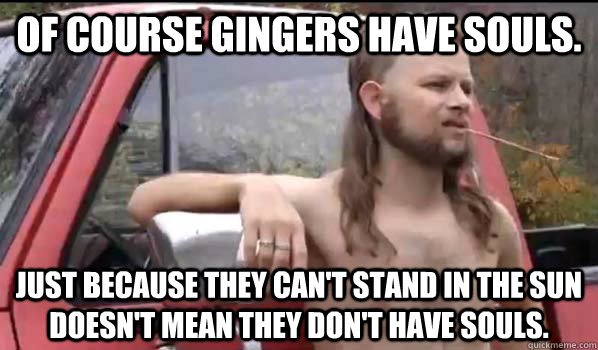 Of course gingers have souls. Just because they can't stand in the sun doesn't mean they don't have souls.  Almost Politically Correct Redneck