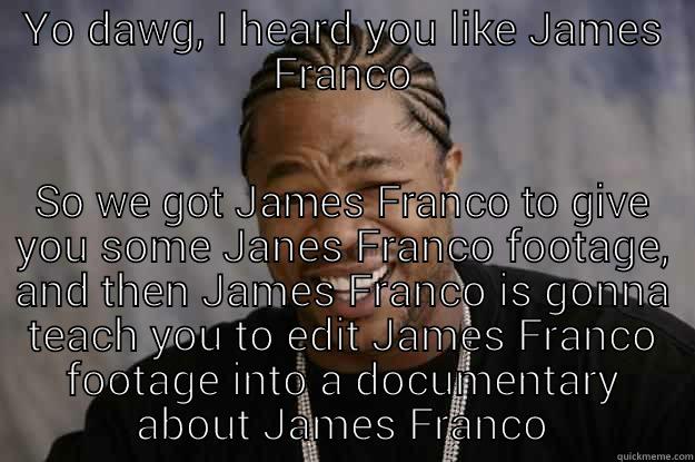 yo dawg  - YO DAWG, I HEARD YOU LIKE JAMES FRANCO SO WE GOT JAMES FRANCO TO GIVE YOU SOME JANES FRANCO FOOTAGE, AND THEN JAMES FRANCO IS GONNA TEACH YOU TO EDIT JAMES FRANCO FOOTAGE INTO A DOCUMENTARY ABOUT JAMES FRANCO Xzibit meme