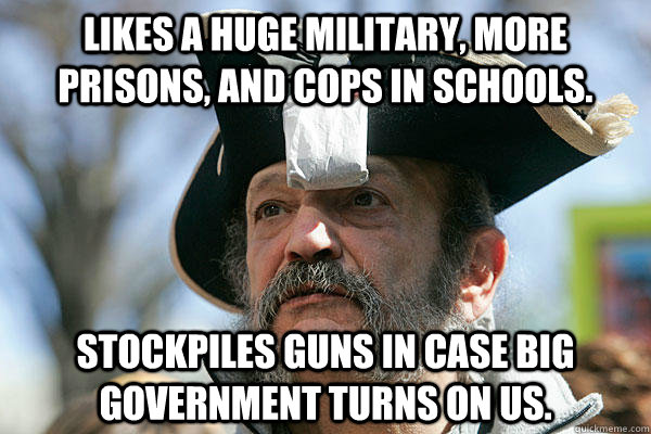 Likes a huge military, more prisons, and cops in schools. Stockpiles guns in case big government turns on us.   Tea Party Ted