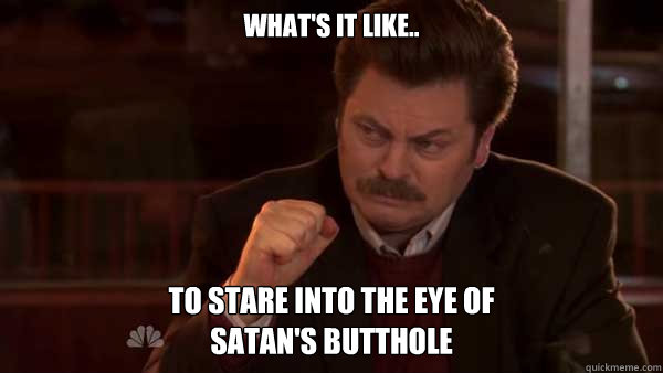 What's it like.. to stare into the eye of 
satan's butthole  Ron Swanson Meal