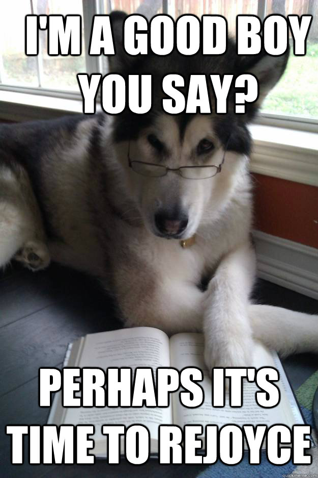 I'm a good boy you say? perhaps it's time to rejoyce  Condescending Literary Pun Dog