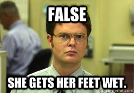 FALSE She gets her feet wet. - FALSE She gets her feet wet.  Dwight False