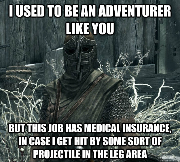 I used to be an adventurer like you but this job has medical insurance, in case i get hit by some sort of projectile in the leg area - I used to be an adventurer like you but this job has medical insurance, in case i get hit by some sort of projectile in the leg area  Skyrim Guard