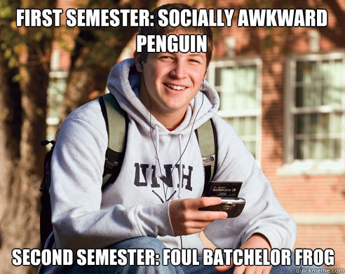 First Semester: Socially Awkward Penguin Second Semester: Foul Batchelor Frog  College Freshman