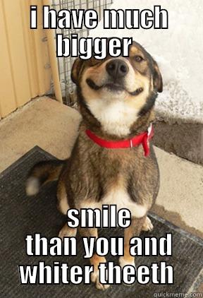 I HAVE MUCH BIGGER   SMILE THAN YOU AND WHITER THEETH  Good Dog Greg