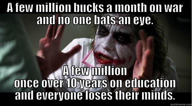 A FEW MILLION BUCKS A MONTH ON WAR AND NO ONE BATS AN EYE. A FEW MILLION ONCE OVER 10 YEARS ON EDUCATION AND EVERYONE LOSES THEIR MINDS. Joker Mind Loss