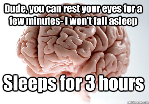 Dude, you can rest your eyes for a few minutes- I won't fall asleep Sleeps for 3 hours  Scumbag Brain