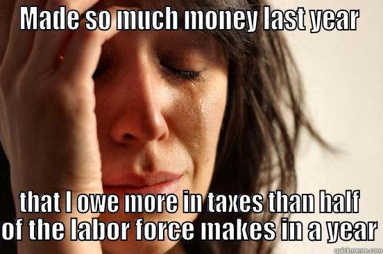 MADE SO MUCH MONEY LAST YEAR THAT I OWE MORE IN TAXES THAN HALF OF THE LABOR FORCE MAKES IN A YEAR First World Problems