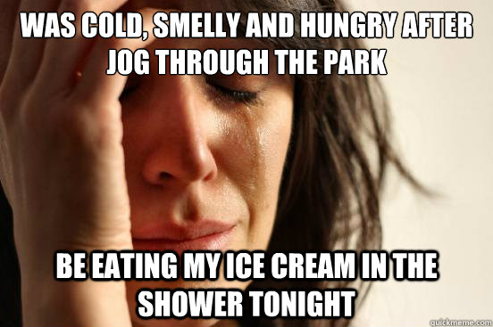 Was cold, smelly and hungry after jog through the park Be eating my ice cream in the shower tonight  First World Problems