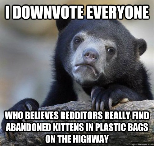 I DOWNVOTE EVERYONE WHO BELIEVES REDDITORS REALLY FIND ABANDONED KITTENS IN PLASTIC BAGS ON THE HIGHWAY  Confession Bear Eating