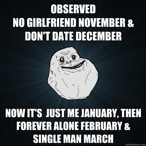Observed
No GirlFriend November &
Don't Date December Now it's  Just me January, then
Forever alone february &
single man march  Forever Alone