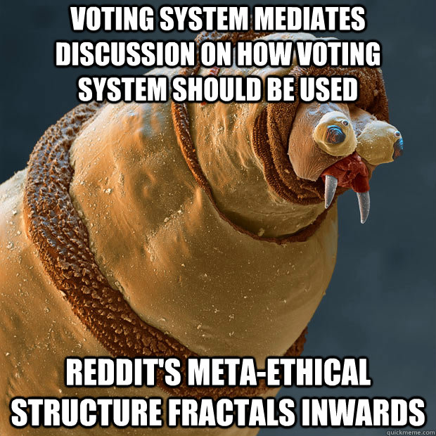 voting system mediates discussion on how voting system should be used REDDIT's meta-ethical structure fractals inwards  