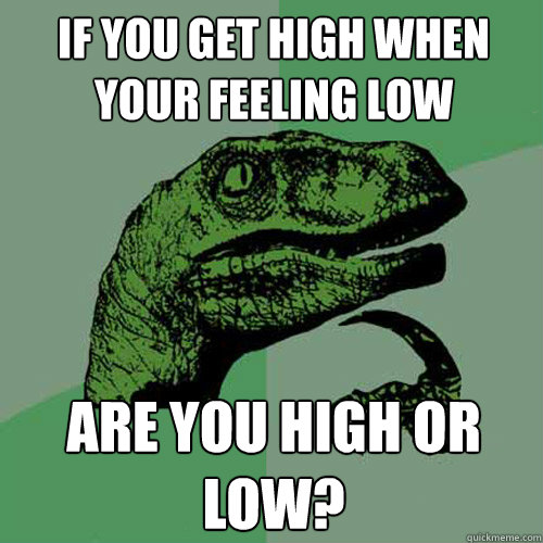 If you get high when your feeling low Are you high or low?  Philosoraptor