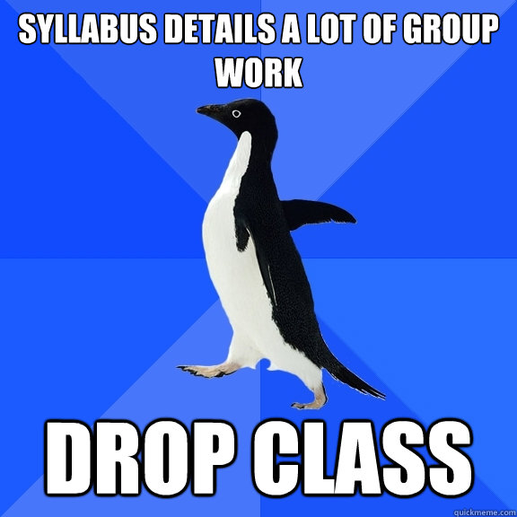 syllabus details a lot of group work drop class  Socially Awkward Penguin