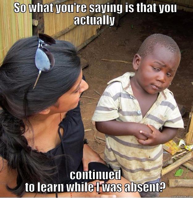 SO WHAT YOU'RE SAYING IS THAT YOU ACTUALLY  CONTINUED TO LEARN WHILE I WAS ABSENT? Skeptical Third World Kid