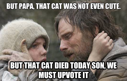 But papa, that cat was not even cute. But that cat died today son, we must upvote it  Viggo Explains Reddit