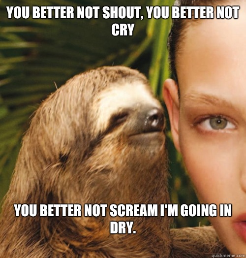 You better not shout, you better not cry you better not scream I'm going in dry.
  Whispering Sloth