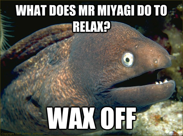 What does Mr Miyagi do to relax? Wax off - What does Mr Miyagi do to relax? Wax off  Bad Joke Eel