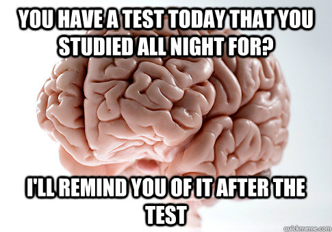 You have a test today that you studied all night for? I'll remind you of it after the test  - You have a test today that you studied all night for? I'll remind you of it after the test   Scumbag Brain