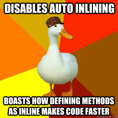 disables auto inlining boasts how defining methods as inline makes code faster  