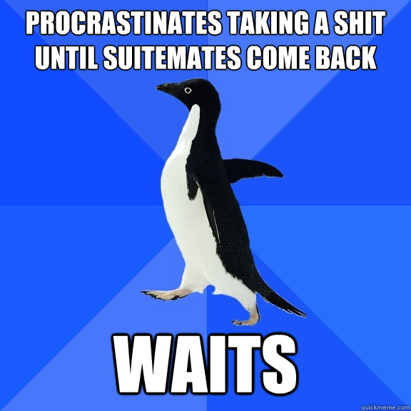 Procrastinates taking a shit until suitemates come back waits  Socially Awkward Penguin