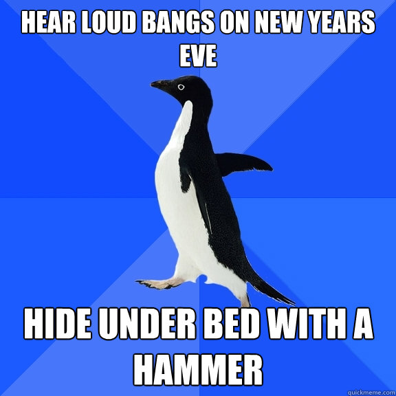 hear loud bangs on new years eve hide under bed with a hammer  Socially Awkward Penguin