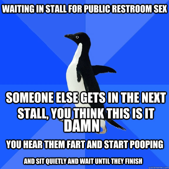 waiting in stall for public restroom sex someone else gets in the next stall, you think this is it damn you hear them fart and start pooping and sit quietly and wait until they finish  Socially Awkward Penguin