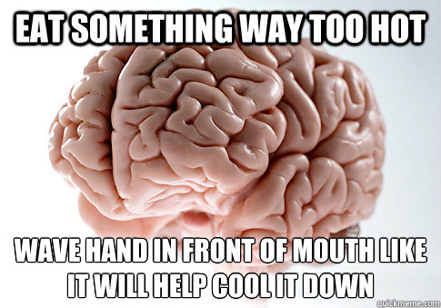 Eat something way too hot  Wave hand in front of mouth like it will help cool it down   Scumbag Brain